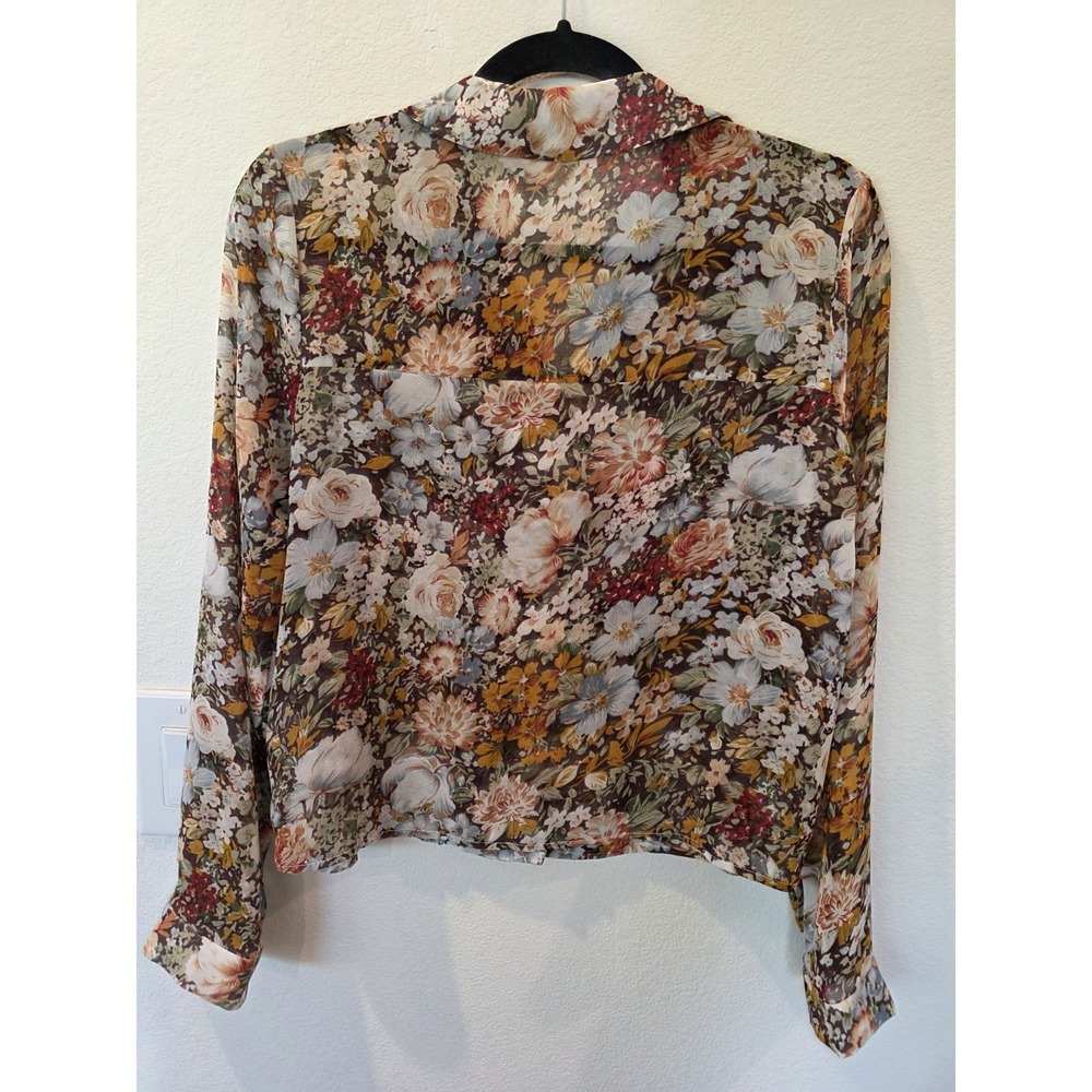 T Tahari Brown Floral Blouse Sz S Sheer Long Sleeve Spring Luxury Fairycore - Picture 5 of 5